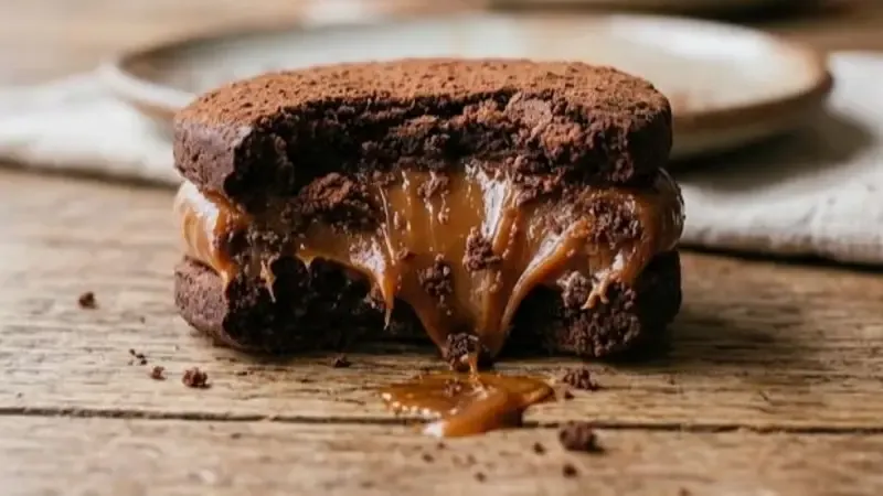 Un alfajor de chocolate mordido del que chorrea dulce de leche sobre una mesa de madera.