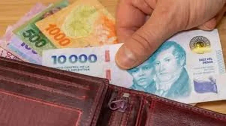 Una mano guarda un billete de diez mil pesos argentinos en una billetera de cuero marrón.