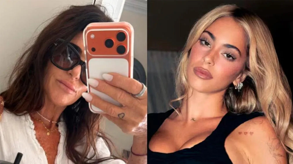 Una mujer tomándose una selfi frente al espejo y al lado un primer plano del rostro de Tini Stoessel.