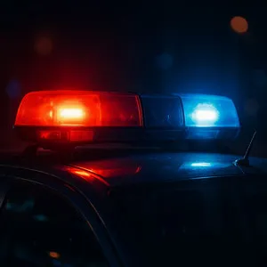 Una sirena policial con luces roja y azul encendida sobre el techo de un patrullero en la oscuridad.